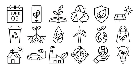 Naklejka premium Minimal eco-themed line icons for World Environment Day. Includes symbols for sustainability, recycling, clean energy, eco-products, green living, and environmental protection.