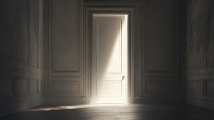 Doorway revealing bright light in dull grey room illustration , no logos, no brands