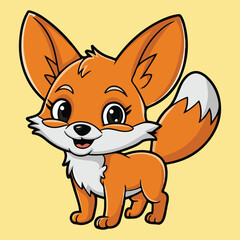 Cute Cartoon Baby  Fennec Fox on Yellow Background.