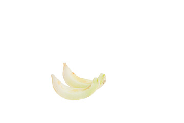 A peeled honeydew melon with slices elegantly arranged, showcasing juicy texture with translated...