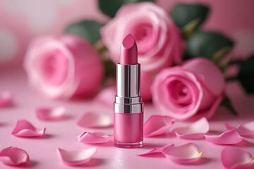 Pink lipstick on pink, surrounded by rose petals. Blurred roses create a soft, romantic pink backdrop with bokeh.	
