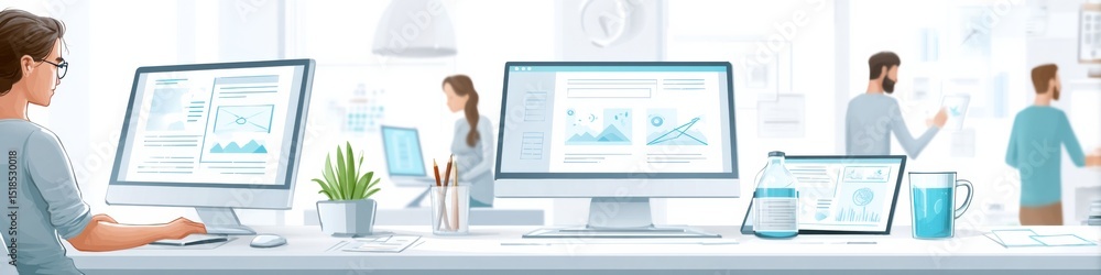 Poster creative studio workspace showcasing web design elements being crafted with modern technology