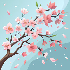 Pink Blossom Tree Branch with Falling Petals Spring Background
