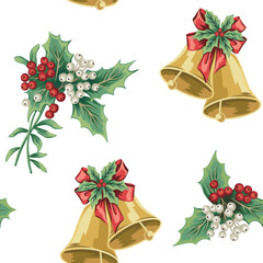 Christmas mistletoe, golden bells seamless pattern. Winter holiday wallpaper.	