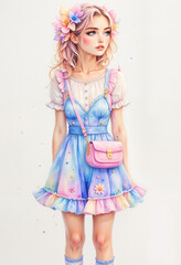 Young woman wearing colorful dress with pastel flowers in summer  