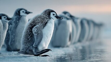 Emperor penguin colony in antarctica walking on ice during a sunny day in the arctic - Powered by Adobe