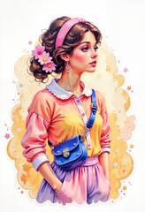 Young woman with floral accessories dressed in colorful vintage style  