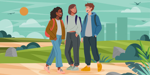 Trois adolescents qui discutent dans un parc arboré - Vie étudiante, lycéenne - Groupe d'amis multiethnique joyeux et souriant - Relations amicales, environnement urbain - Discussion, communication

