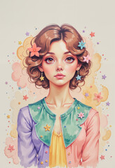 Young woman with curly hair wearing colorful jacket and flowers  