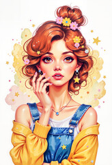 Young woman with curly hair wearing a yellow sweater against floral backdrop  