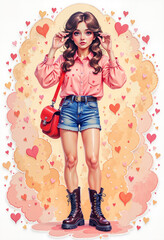 Young girl posing with red handbag in casual outfit surrounded by hearts  