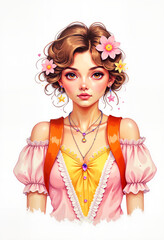 Young woman with flowers in hair wearing pink outfit and backpack  