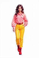 Young woman walking in colorful outfit with pink shirt and yellow pants  