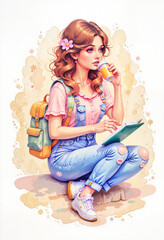 Young woman sitting on the ground while writing in a notebook  