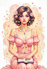 Young woman reading a book while wearing a pink dress with flowers  