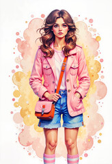 Young woman posing with pink jacket and denim shorts against colorful background  