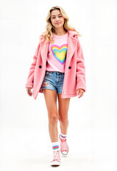 Young woman walking in pink coat and shorts with colorful heart design  