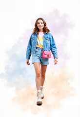 Young woman walking confidently in casual summer outfit with splash background  