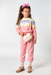 Young girl wearing colorful outfit with a handbag and stylish bow  