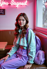 Young woman sitting in a cafe while wearing colorful athletic outfit  
