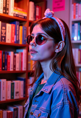 Young woman wearing sunglasses and denim jacket in a bookstore  