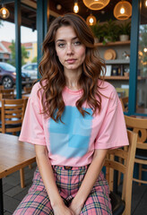 Young woman sitting at café table with casual outfit indoors  