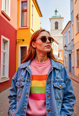Young woman wearing sunglasses and denim jacket in colorful street  