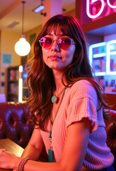 Young woman wearing sunglasses while sitting in modern cafe  