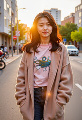 Young woman standing in urban street during sunset wearing casual clothing  