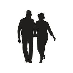 Elderly couple walking hand in hand silhouette