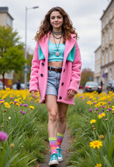 Young woman walking in colorful flower field on a spring day  