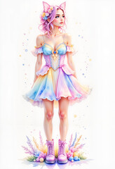 Young woman in pastel dress with floral boots standing in colorful setting  