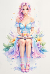 Young woman in pastel dress reading a book surrounded by flowers  