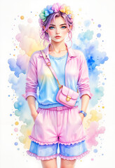 Young woman in pastel outfit with floral headband against watercolor background  