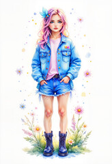 Young woman standing in denim outfit with floral background  