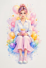 Young woman sitting among pastel balloons holding a drink  