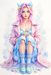 Young woman with cat ears sitting in pastel colors on a soft background  