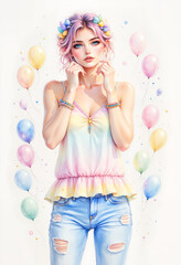Young woman with colorful balloons wearing casual summer outfit  