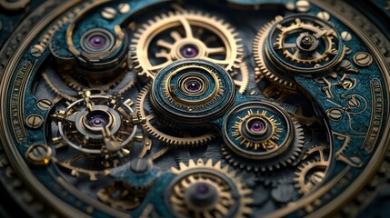 Close-up of intricate clockwork gears, gold and teal