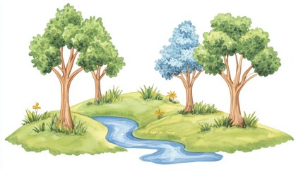 Forests envelop a serene landscape where a stream meanders through trees and lush hills, creating a peaceful watercolor scene