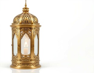 Ornate gold lantern with lit candle ramadan decor