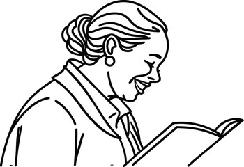A woman delighted while reading a book illustrated in simple black and white