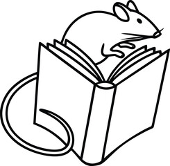 Curious mouse reading a book simple black and white illustration for education and storytelling