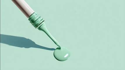 Mint green nail polish brush and drip on pastel background
