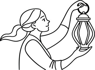 Elegant woman holding a decorative lantern illuminated by light vector illustration