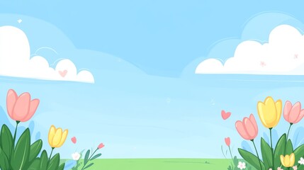 Fototapeta premium A meadow of tulips set against a soft baby blue sky in an impressionistic style