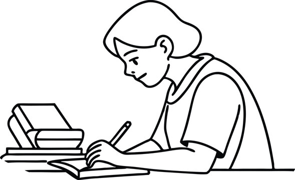 A student focused on studying and writing in a simple black and white illustration