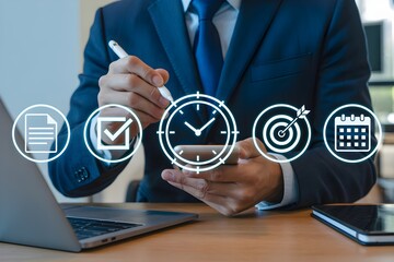 Time Management and Business Productivity Concept – Clock, Calendar, Goal Setting, and Checklist for Task Planning, Meeting Deadlines, and Achieving Professional Goals