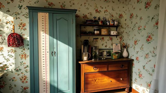 Sunlit room with floral wallpaper, teal armoire, height chart, wooden dresser, and shelf with various items