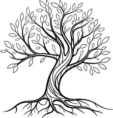 Obraz premium Black and white detailed illustration of a stylized tree with roots and leaves on white background